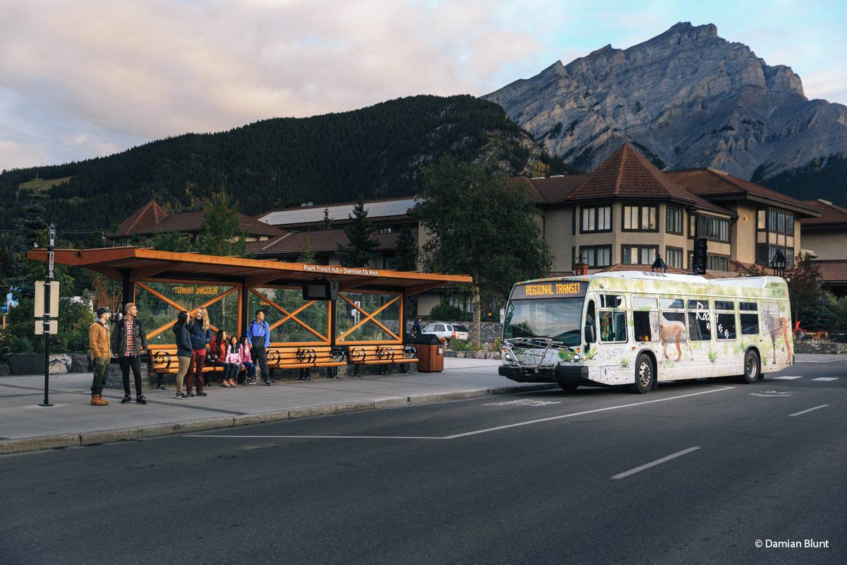 A Roam bus pulls up to the Roam Transit Hub