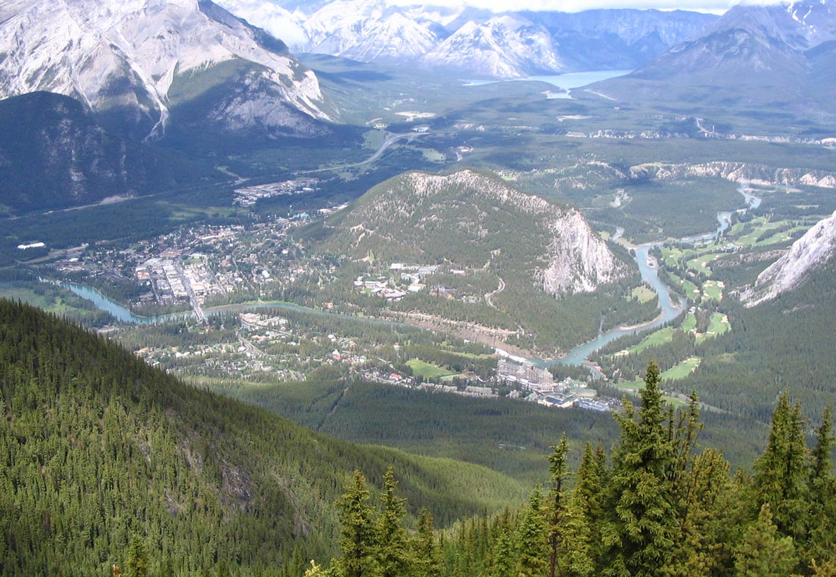 An arial view of Tunnel Mountain in Banff National Park
