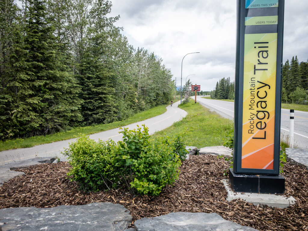 The entrance to the Canmore to Banff bike trail (known as the Rocky Mountain Legacy Trail or the Banff Legacy Trail)