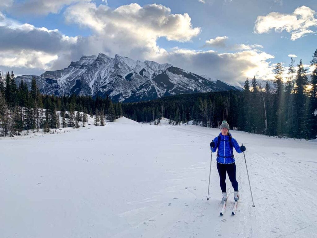 Celine Brewer, owner of TravelBanffCanada.com, skis the Cascade Valley cross-country ski trail near Lake Minnewanka in Banff National Park.