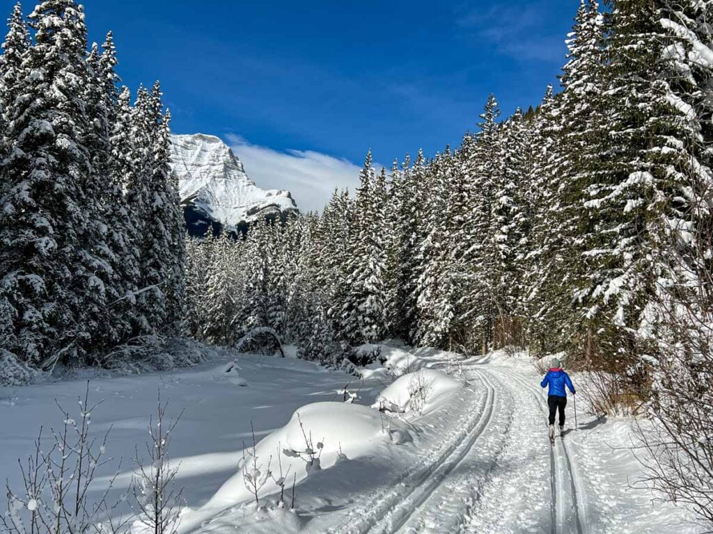 Celine Brewer, host of the Banff Travel Podcast, skis on the Tramline Cross Country Ski Trail at Lake Louise in Banff National Park.