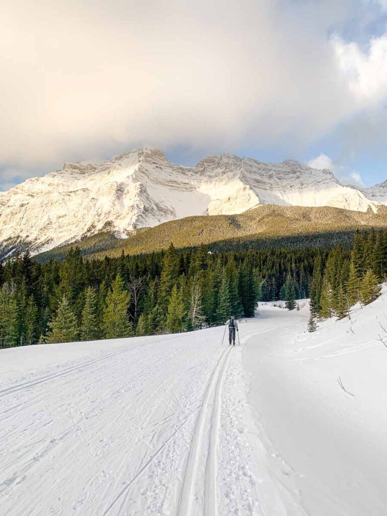 Dan Brewer, owner of the Travel Banff Canada blog, cross country skis the Cascade Valley Trail in Banff.