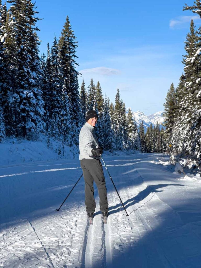 Dan Brewer cross country skis on Moraine Lake Road near Lake Louise.
