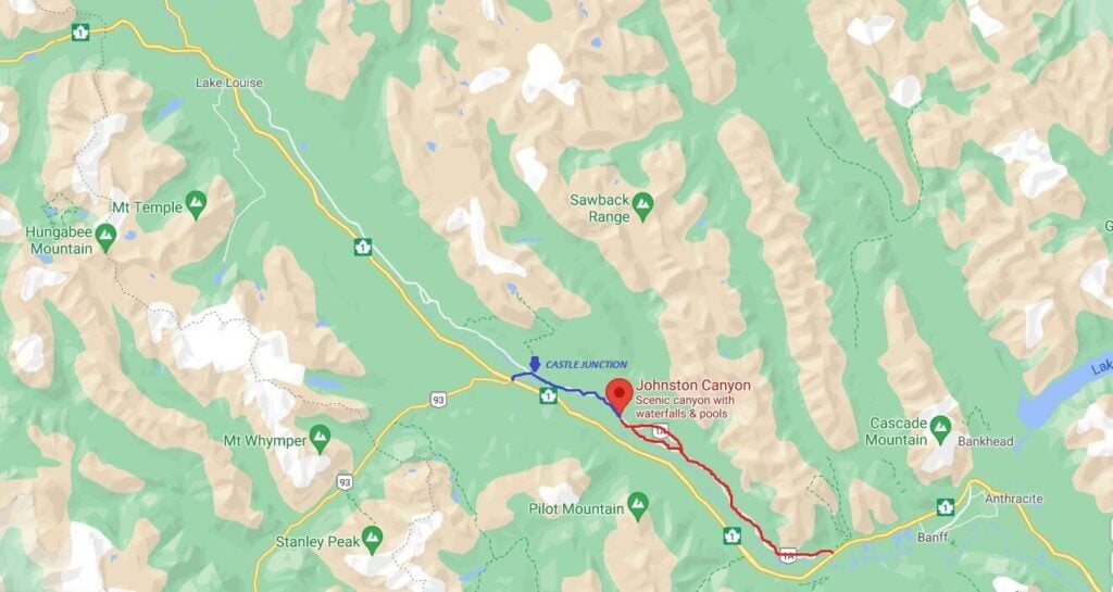 Castle Junction to Johnston Canyon Map