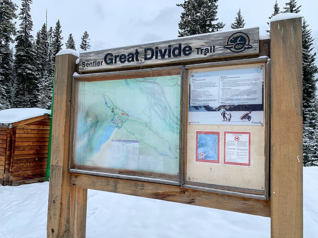 The free parking at Great Divide trailhead is only a 1km hike to the Lake Louise lakefront