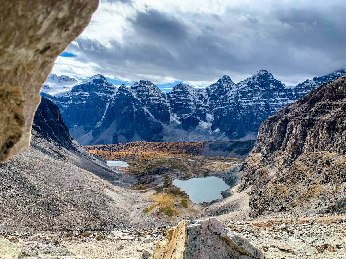 View of Ten Peaks and Minnestimma Lakes from Sentinel Pass Trail in Banff