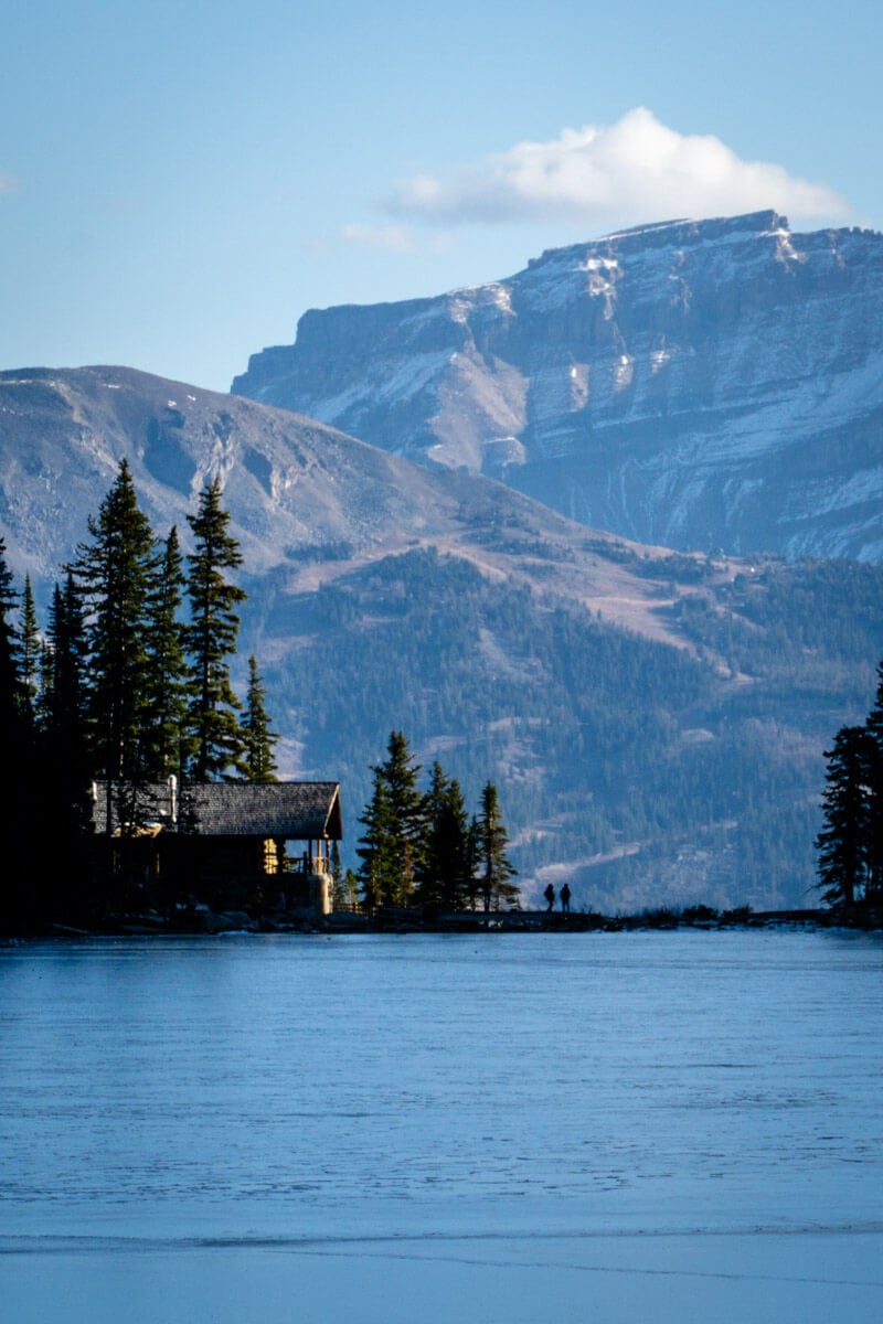 Lake Agnes Teahouse from Big Beehive hiking trail Looking across Lake Agnes with Lake Agnes Teahouse in the distance and mountains behind it