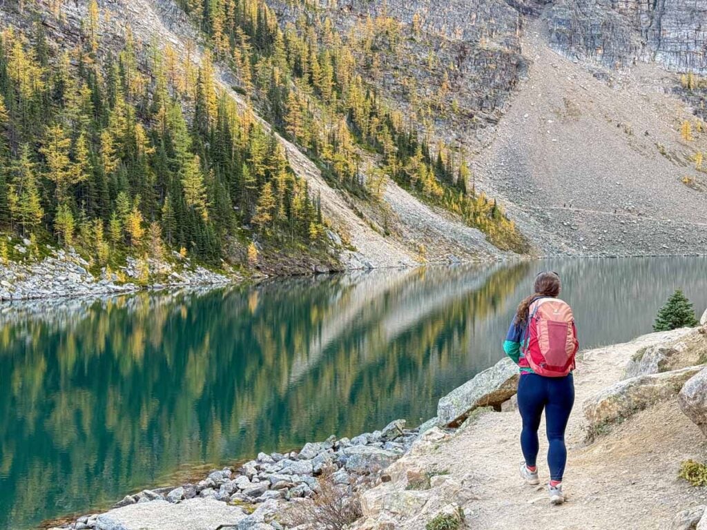 Celine Brewer, host of the Banff Travel Podcast, hikes along the Lake Agnes shoreline with golden larch trees on the far shore.