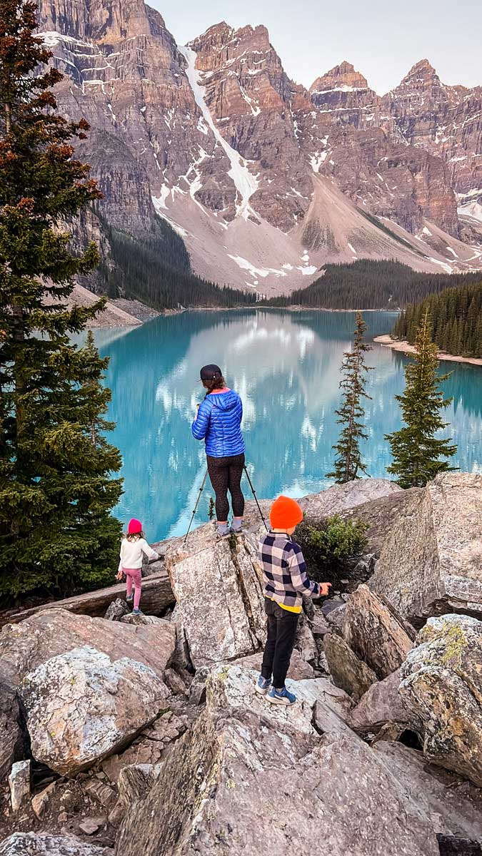 setting up for taking pictures of sunrise at Moraine Lake in June.