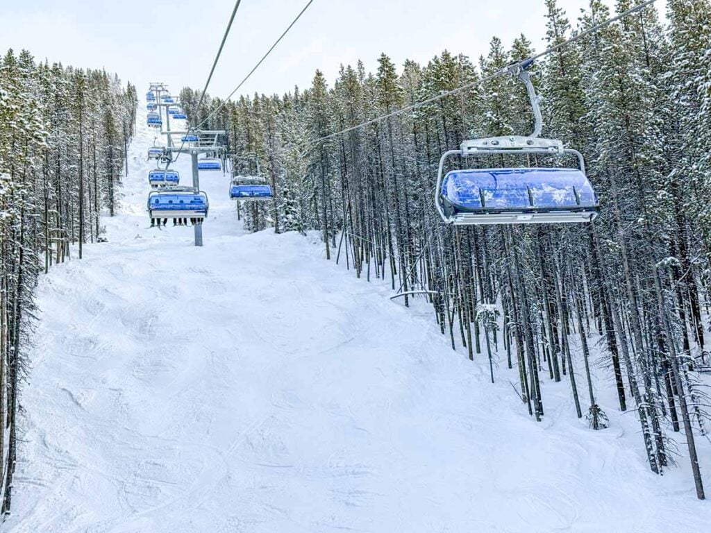 The heated Pipestone Express chairlift at the Lake Louise Ski Resort in Banff National Park.