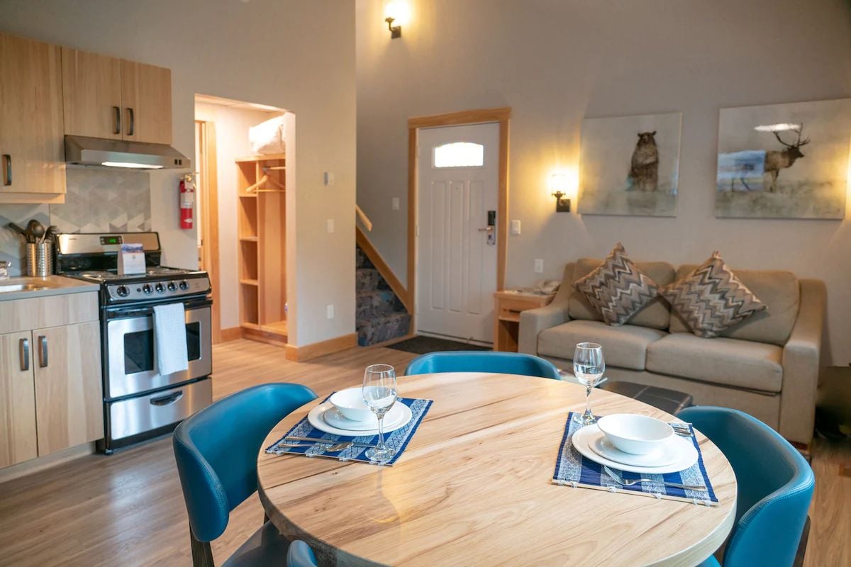 the comfy and spacious interior of a Mountain Cabin at the family-friendly Tunnel Mountain Resort in Banff National Park.