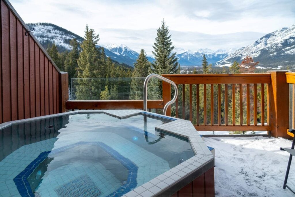 The Hidden Ridge Resort is a rare Banff hotel with private hot tub on balcony.