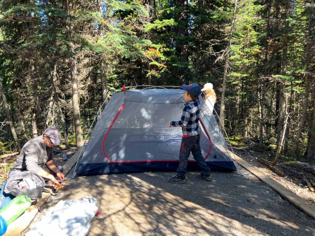 Dan Brewer and his some put up their 4-person tent at the Lake O'Hara campground.