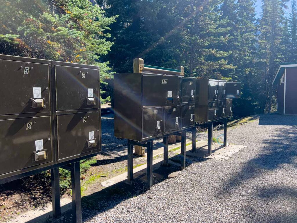 a row of bear-safe food storage lockers at Lake O'Hara campground.