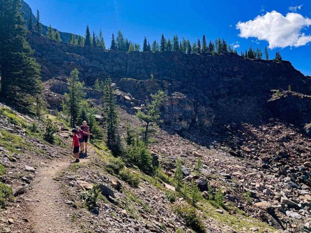 The Brewer family, from the Travel Banff Canada blog, hike the Lake McArthur Low Level Trail during a camping trip to Lake O'Hara.