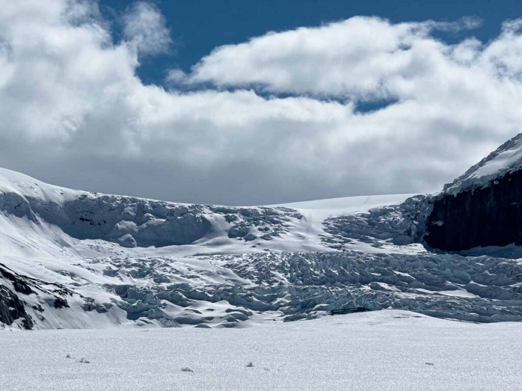 The Athabasca Glacier as seen from the Columbia Icefield Adventure tour stop on the glacier.