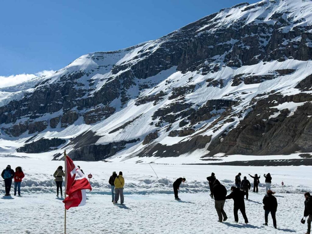 The safe viewing area on the Athabasca Glacier on the Columbia Icefield Adventure tour.