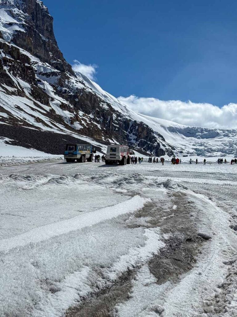 The road for the Ice Explorer all-terrain vehicles to brings tourists to the viewing area on the Athabasca Glacier in Jasper National Park.