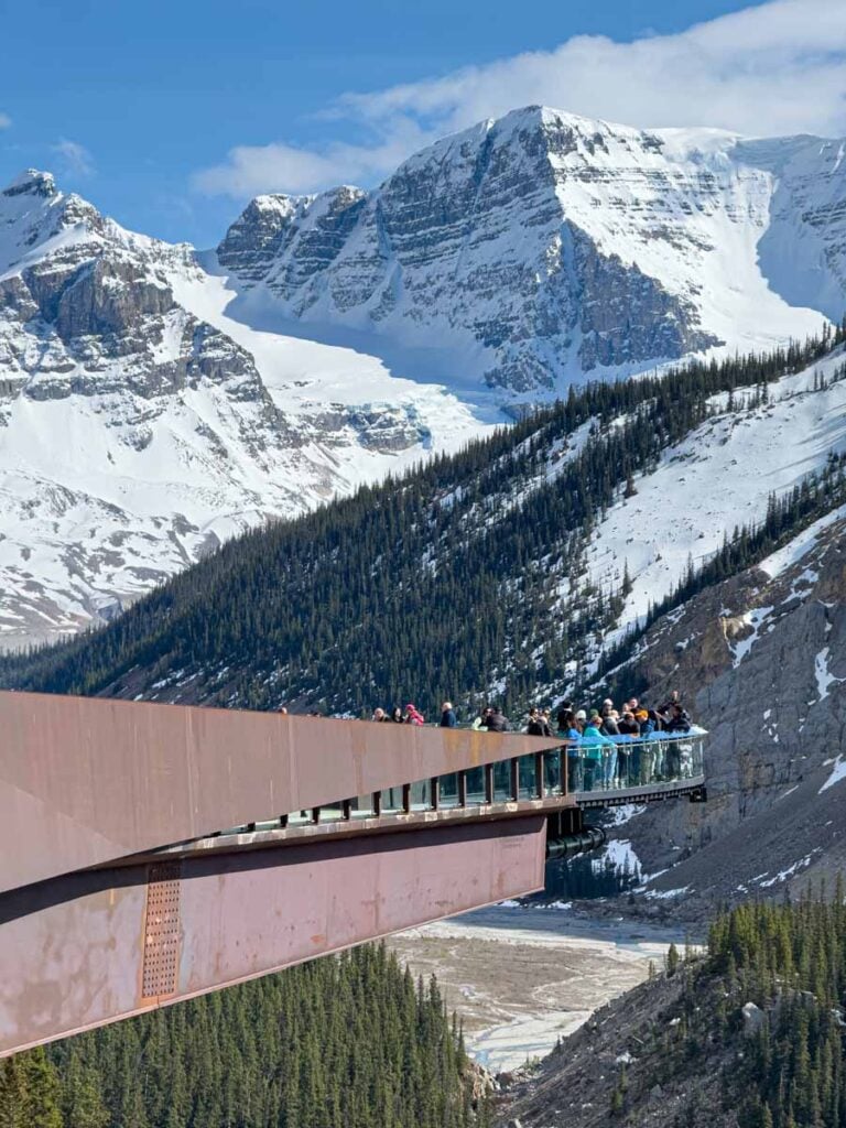 The Columbia Icefield Skywalk is a dramatic glass-bottom horseshoe viewing platform at the Jasper Columbia Icefield.
