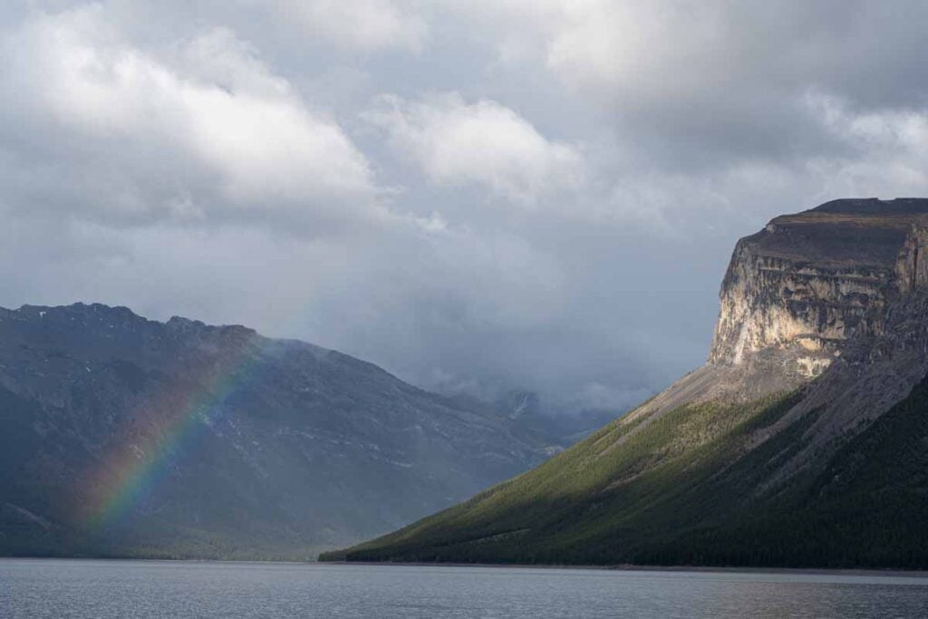 A colorful rainbow over Lake Minnewanka in Banff National Park in May.