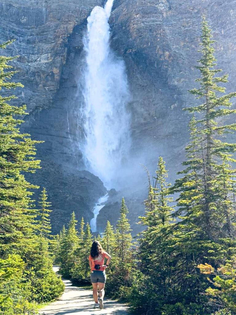 Celine Brewer, owner of the Travel Banff Canada blog visits Takakkaw Falls in June.