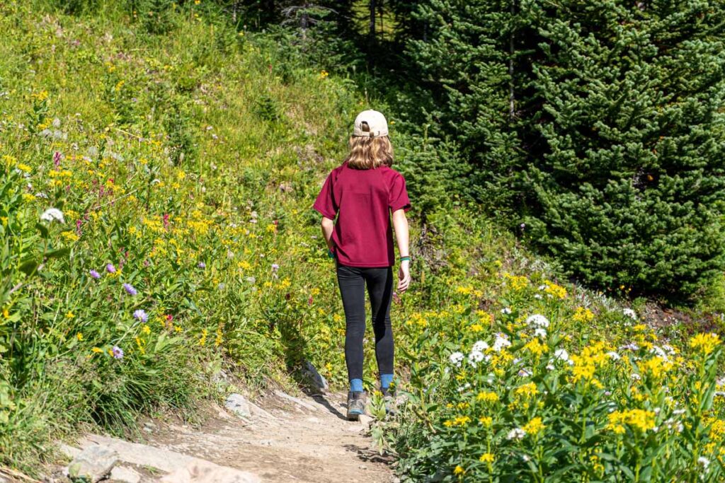 A 12-year old girl walks through a meadow of wildflowers on the hike to Helen Lake in Banff National Park.