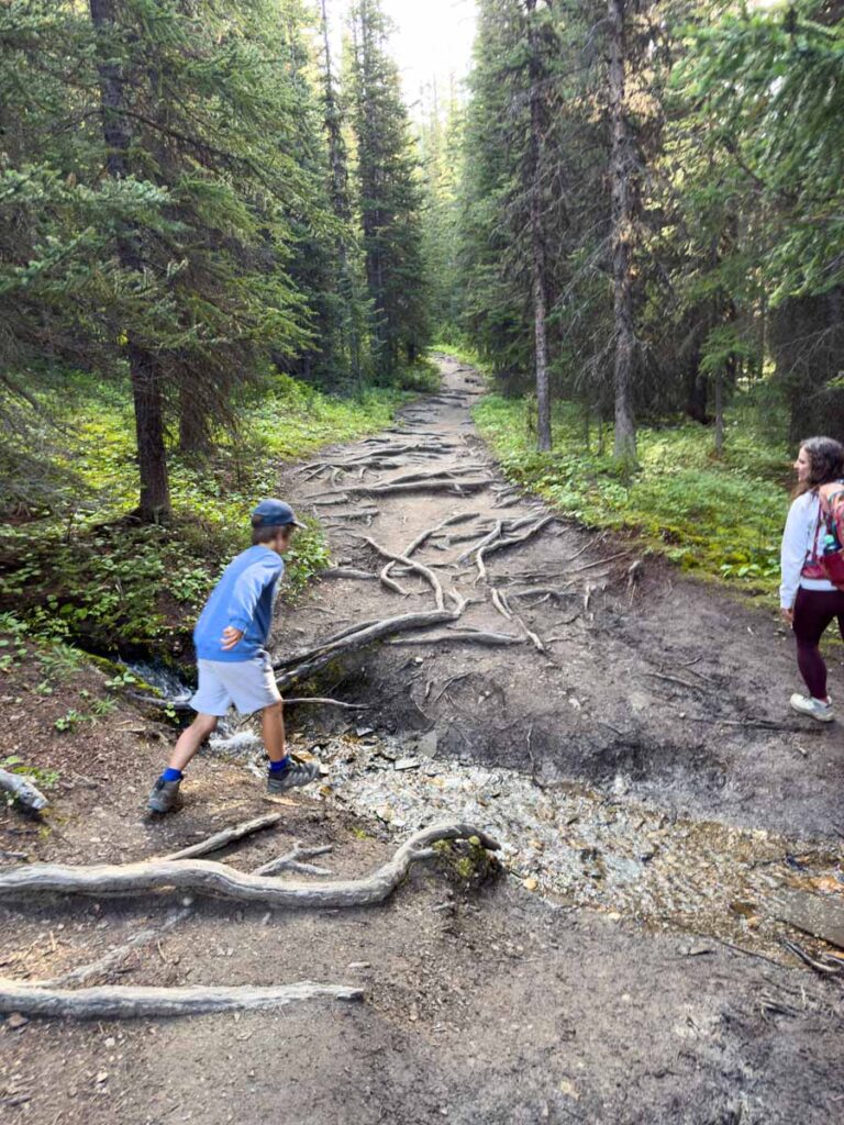 A 10-year old boy jumps across a small creek while on a family hike to Helen Lake in Banff National Park.