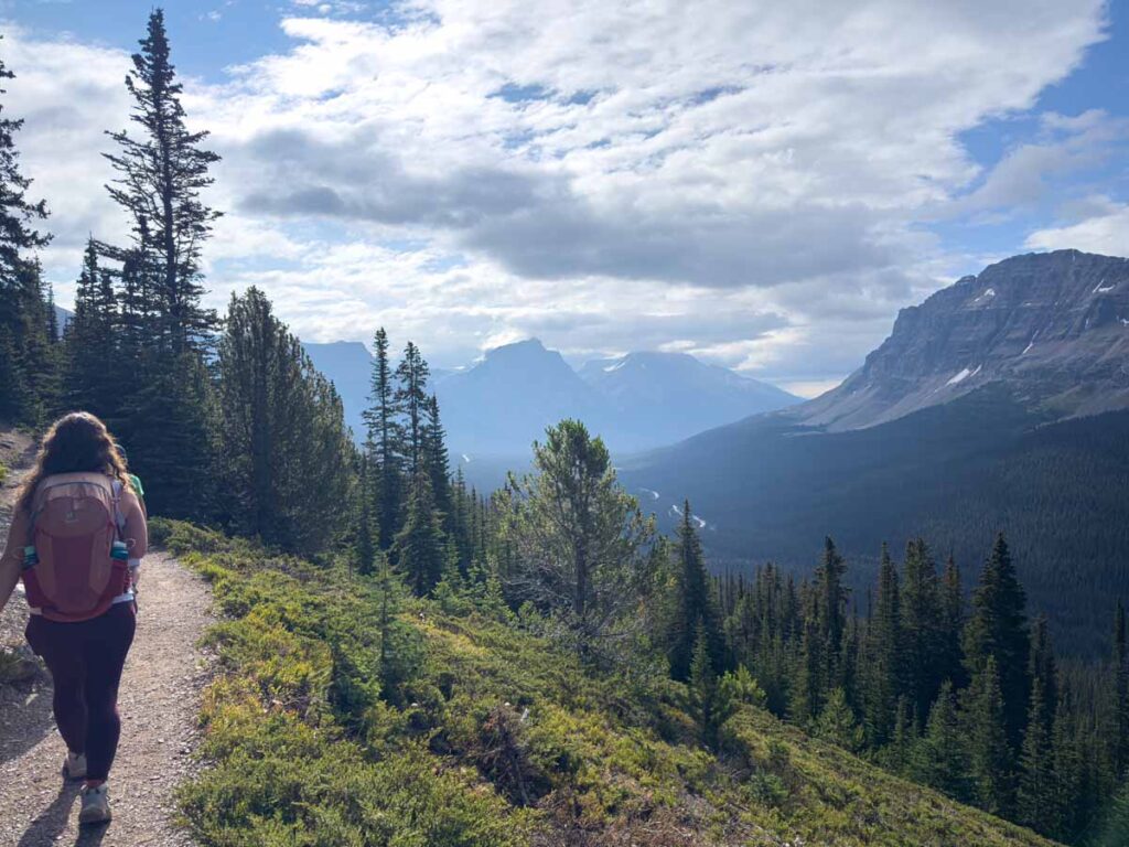Celine Brewer, of the TravelBanffCanada.com website, enjoys the mountain views from the Helen Lake hiking trail.