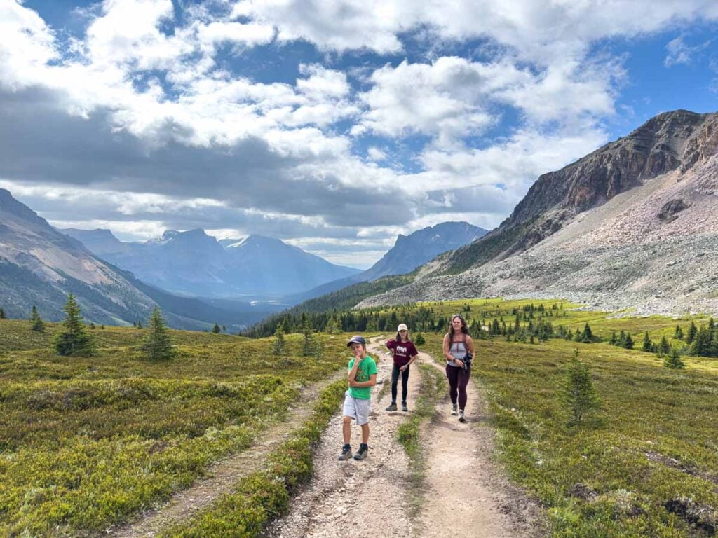 Celine Brewer, owner of the Travel Banff Canada blog, hikes to Helen Lake with her kids on a trip up the Icefields Parkway.