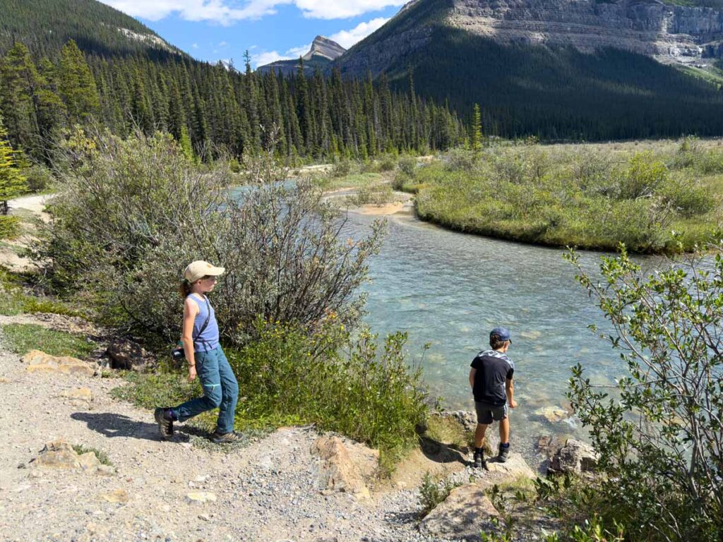 Two kids play in the water along the Beauty Creek to Stanley Falls hike.