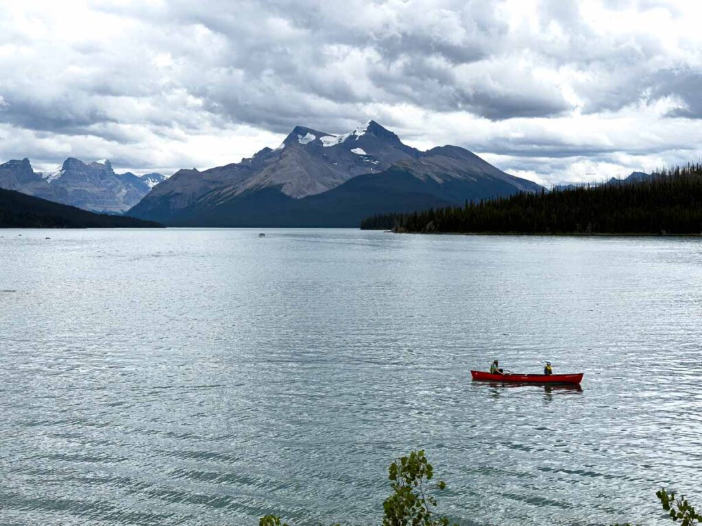 A canoe on Maligne Lake in Jasper National Park.
