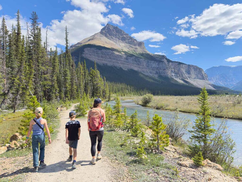 Celine Brewer, owner of TravelBanffCanada.com, enjoys a family walk up the Beauty Creek to Stanley Falls hike on the Icefields Parkway.