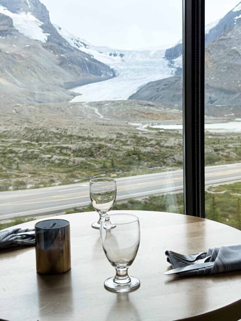 The view of the Athabasca Glacier from the Altitude Restaurant at the Glacier View Lodge.