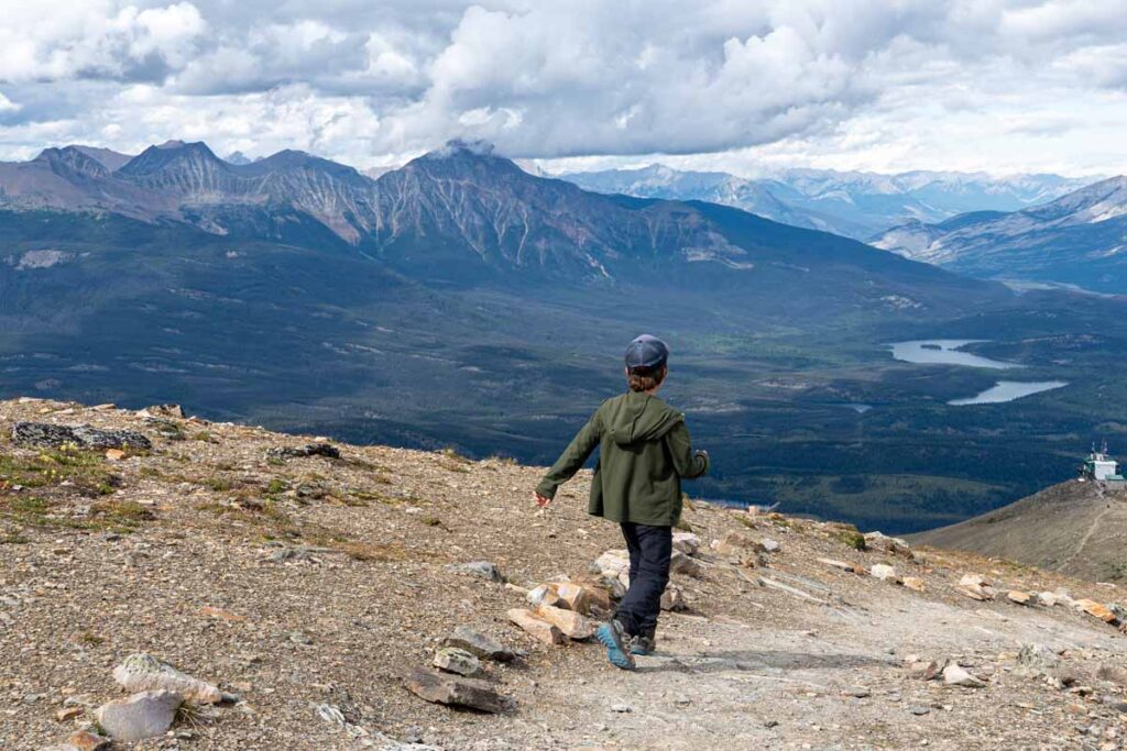 A 10-year old boy descends the Whistlers Summit Trail to get to the Upper Terminal of the Jasper SkyTram.