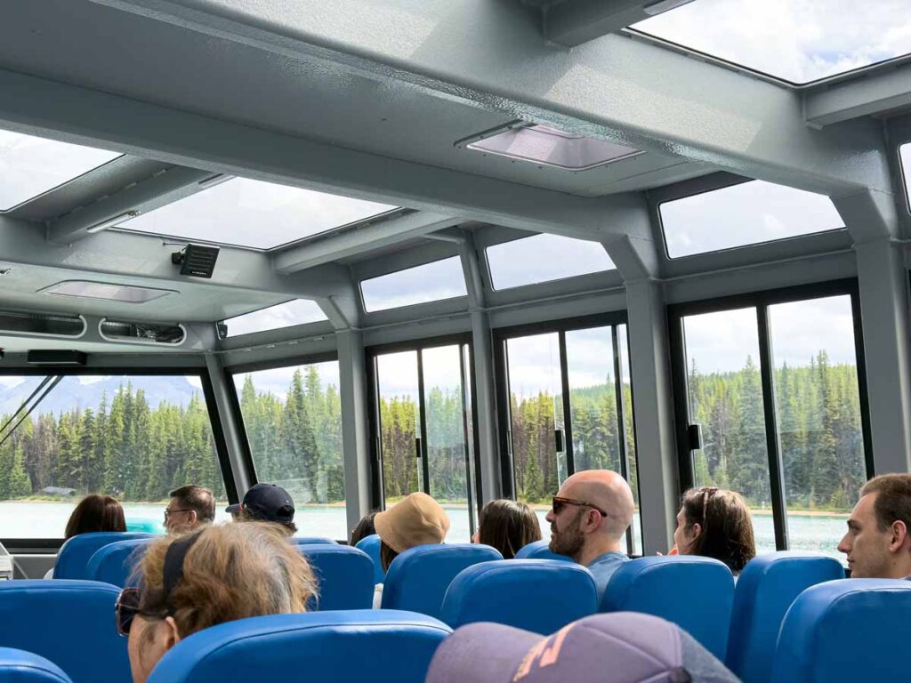 The interior of the boat cabin on the Maligne Lake Boat Cruise in Jasper National Park.