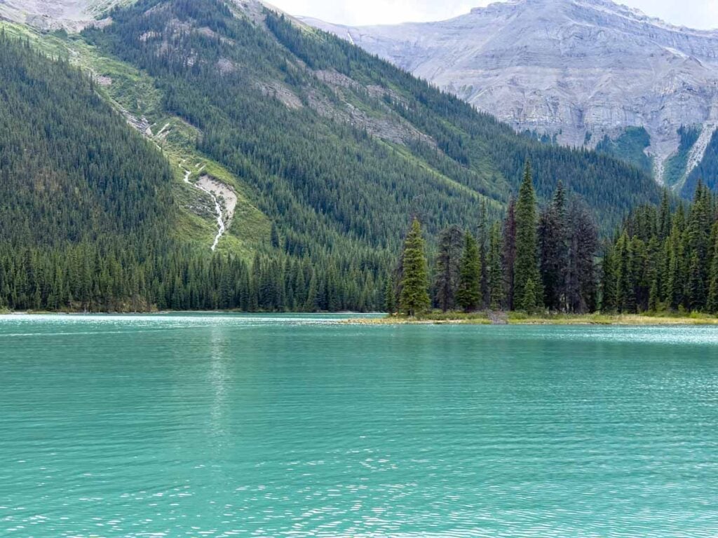 The beautiful turquoise water on Maligne Lake in Jasper, Canada.