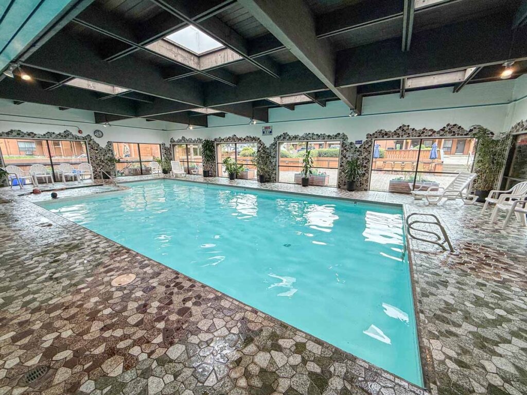 The large indoor swimming pool at the Marmot Lodge in the Town of Jasper.