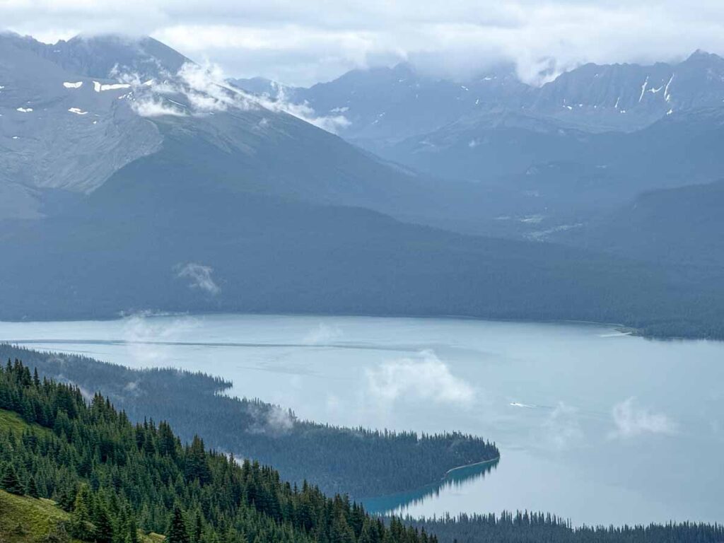 Views of Maligne Lake from the Opal Hills Loop trail in Jasper, Canada.