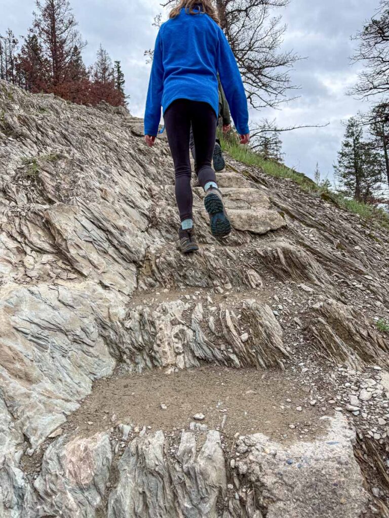 A 12-year old girl walks up stairs chiseled in rock on her way to the top of the Old Fort Point trail in the Town of Jasper.