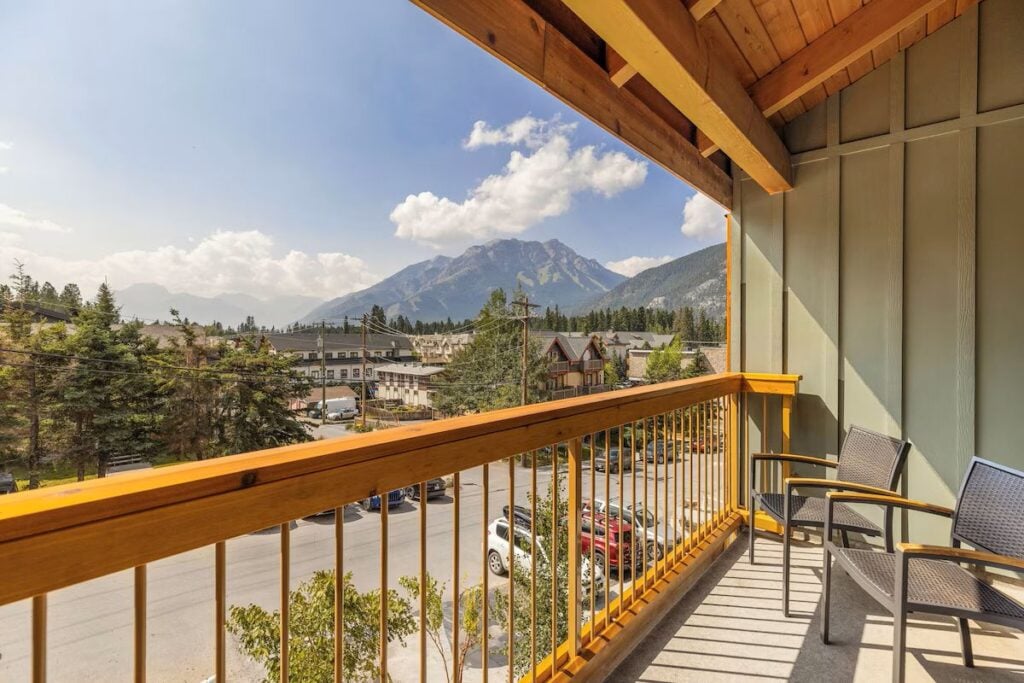 A hotel room at the Otter Hotel in Banff has an amazing mountain view from the balcony.