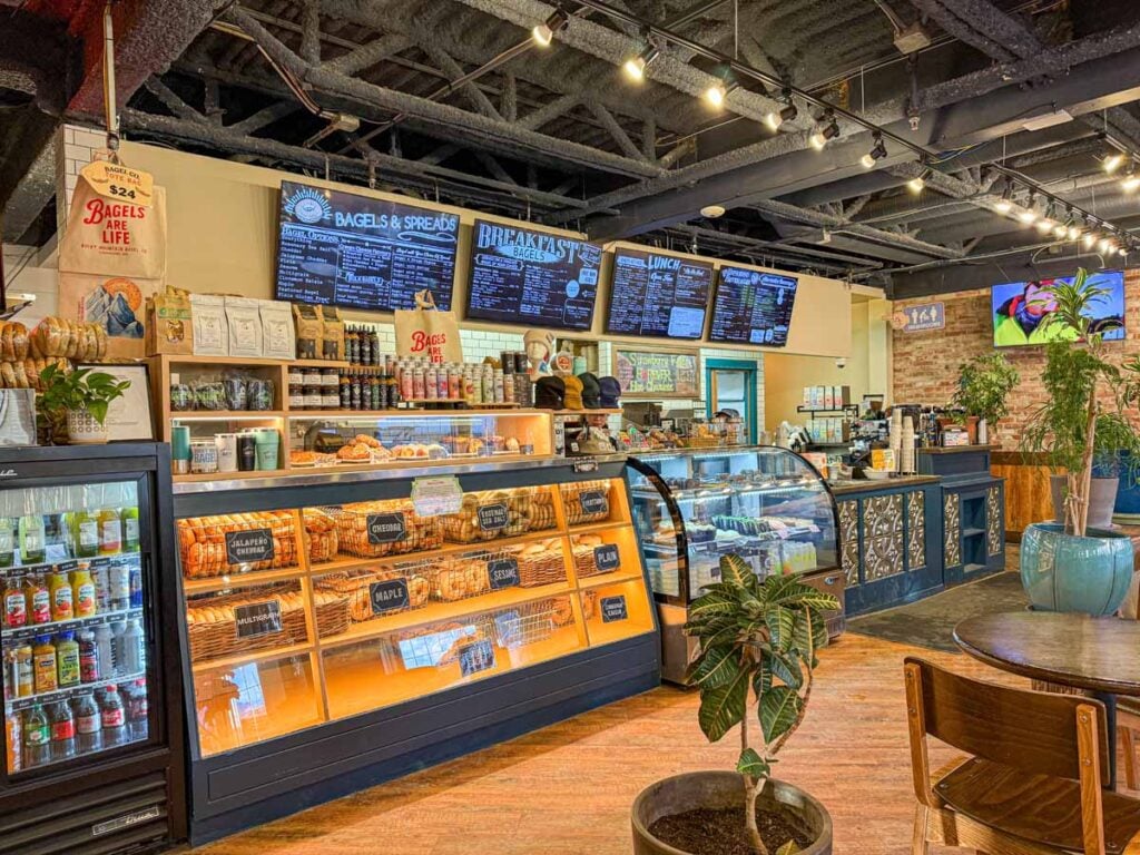the Rocky Mountain Bagel Co is one of the best affordable breakfast restaurants in Canmore.