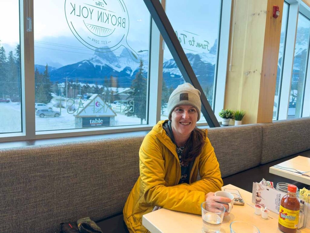 Celine Brewer, owner of TravelBanffCanada.com, enjoys breakfast at the Bro'Kin Yolk restaurants in Canmore, Alberta.