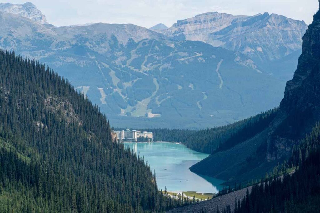 Lake Louise as seen from the Plain of Six Glaciers lookout.