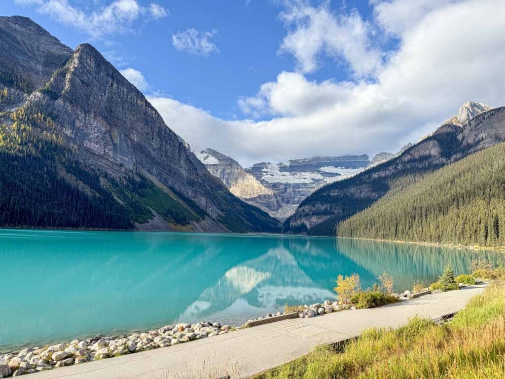 An elevated view of the Lake Louise lakeshore trail, one of the most scenic easy hikes in Banff National Park.