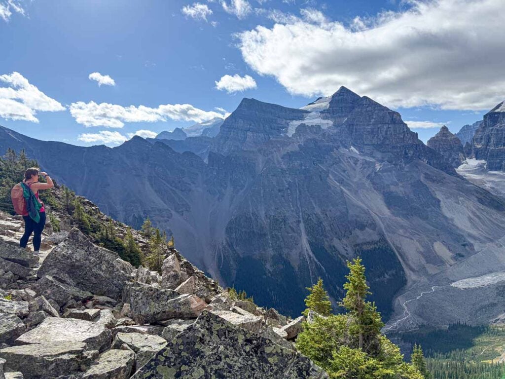 Celine Brewer enjoys the Rocky Mountain views from the summit of Devil's Thumb in Banff National Park.