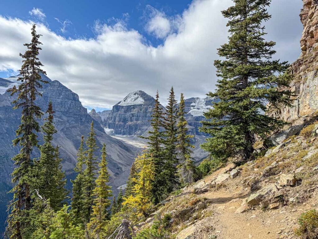 views of the mountains surrounding Lake Louise from the Devil's Thumb hiking trail.