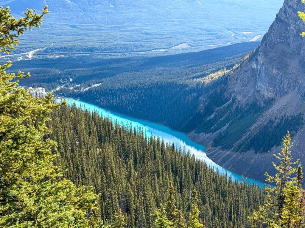a view of the entire length of Lake Louise from the Devil's Thumb hike in Banff National Park, Canada.