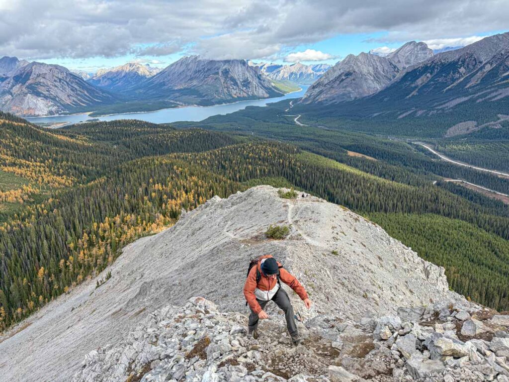 Dan Brewer, owner of the Travel Banff Canada blog, hikes a difficult section on the Tent Ridge Horseshoe Trail in Kananaskis Country, Alberta.