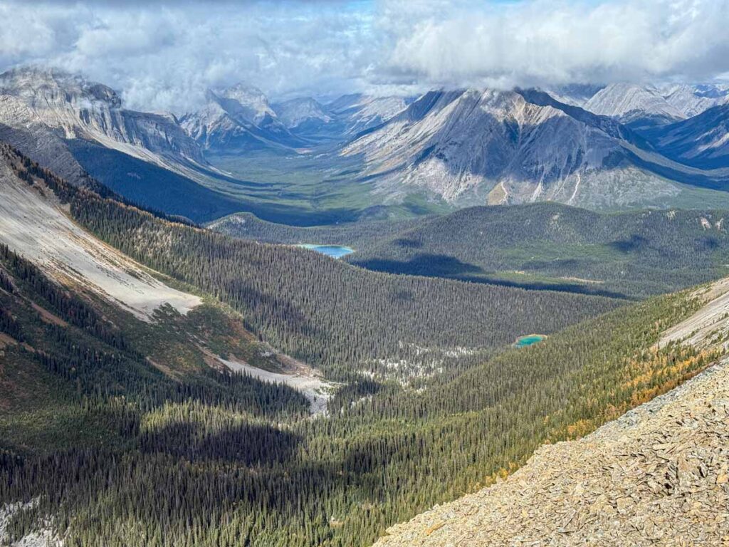 Watridge Lake and Shark Lake as seen from the Tent Ridge hiking trail in Kananaskis Country.