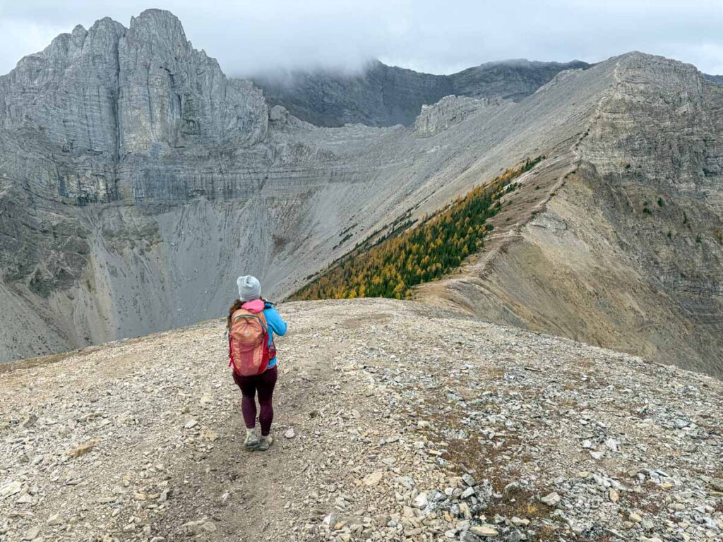 Celine Brewer leaves the weather station on Tent Ridge towards the true summit.